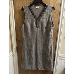 Lina Tomei 100% Linen Dress Mini Sleeveless Embellished Bling V-Neck Size L Gray